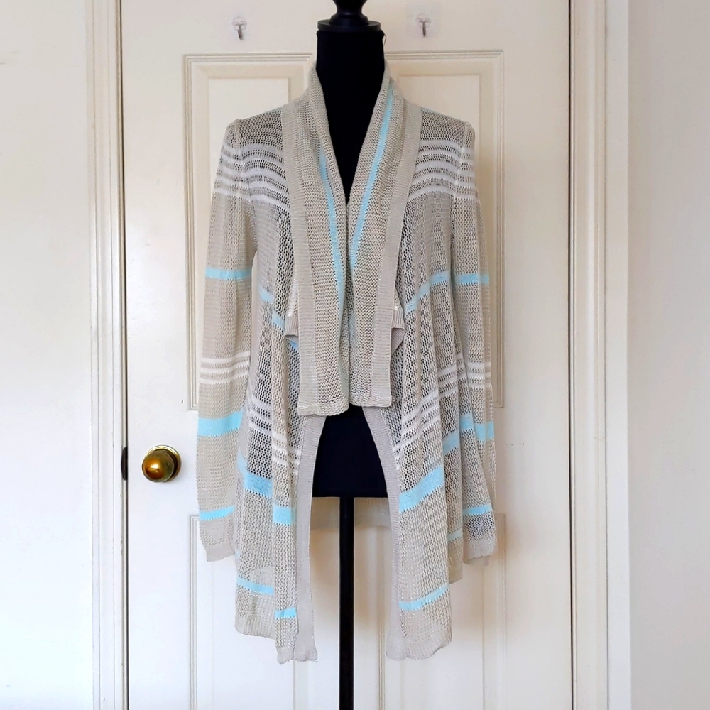 Multi Color Stripe Wide Collar Long Sleeve Openfront Crochet Cardigan.